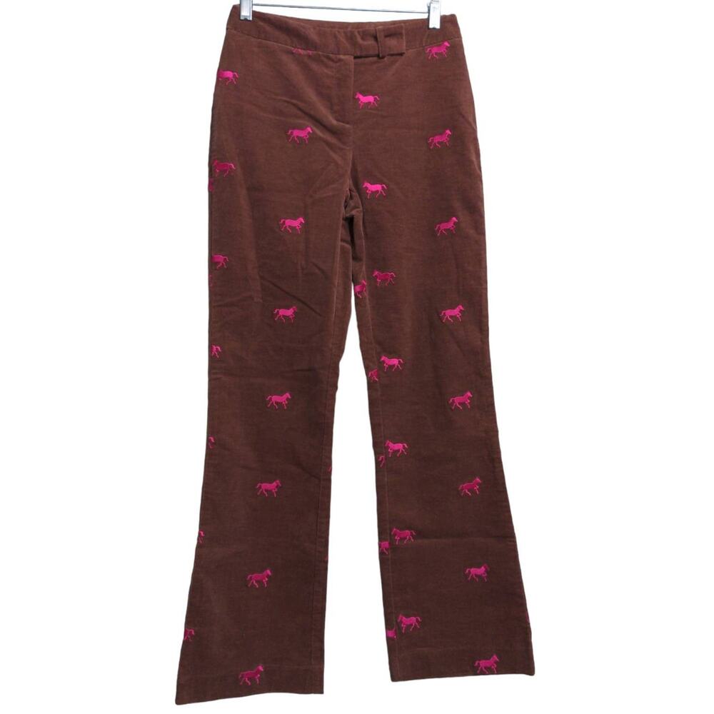 Lilly Pulitzer Womens Flare Pants Pink Brown Horses Mid Rise Pockets Corduroy 2